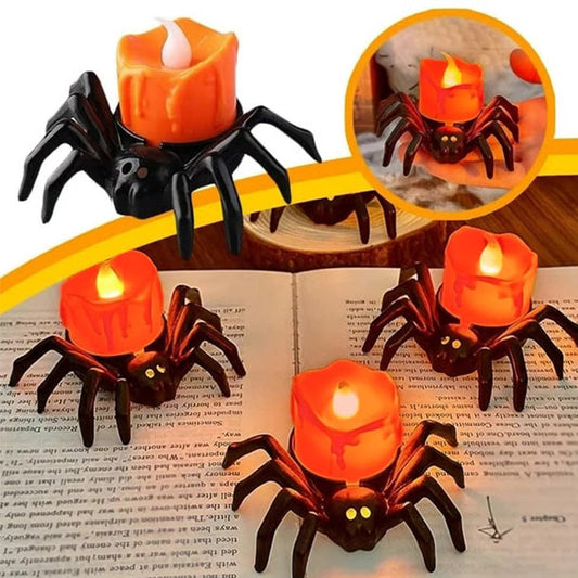 Halloweenowa świeczka LED z przerażającym pająkiem