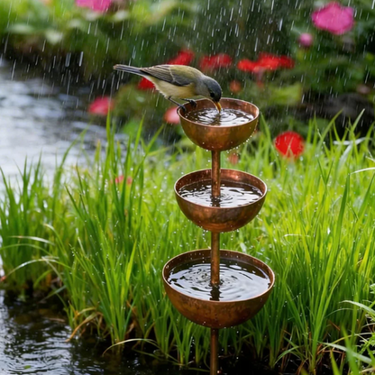 🐦 Trójpoziomowy, rustykalny metalowy stojak dla ptaków – karmnik i poidło w jednym! Naturalny urok i ptasia uczta w Twoim ogrodzie! 🌿✨