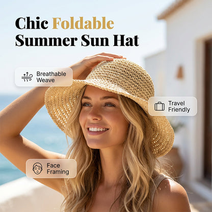 👒 Damski, ręcznie tkany kapelusz słomkowy z szerokim rondem | Ochrona przeciwsłoneczna UPF 50+, składany, oddychający ☀️✨